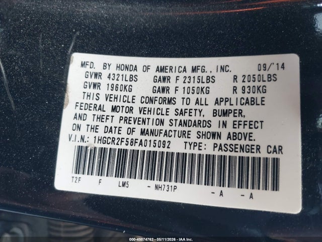 1HGCR2F58FA015092 Honda Accord Sport