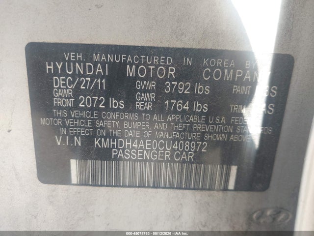 2012 Hyundai Elantra Gls (ulsan Plant) მანქანა იყიდება აუქციონზე, vin: KMHDH4AE0CU408972, აუქციონის ნომერი: 45074763