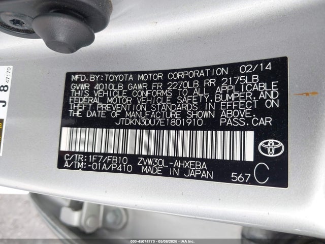 JTDKN3DU7E1801910 Toyota Prius Three
