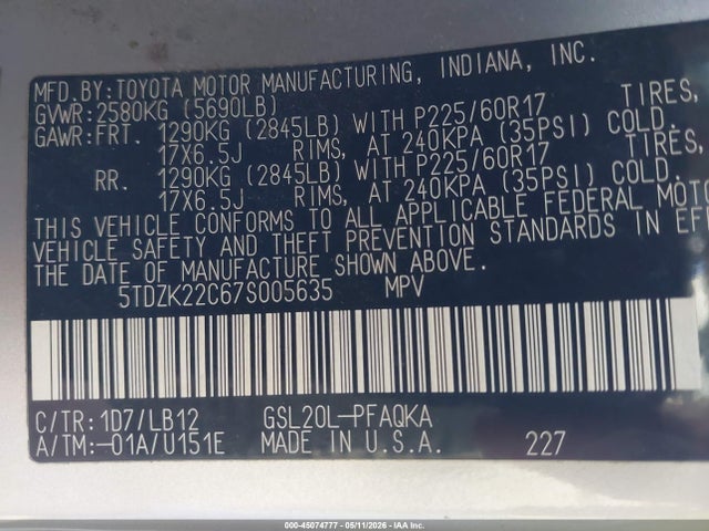 Aukcja sprzedaży 2007 Toyota Sienna Xle/xle Limited, vin: 5TDZK22C67S005635, numer aukcji: 45074777