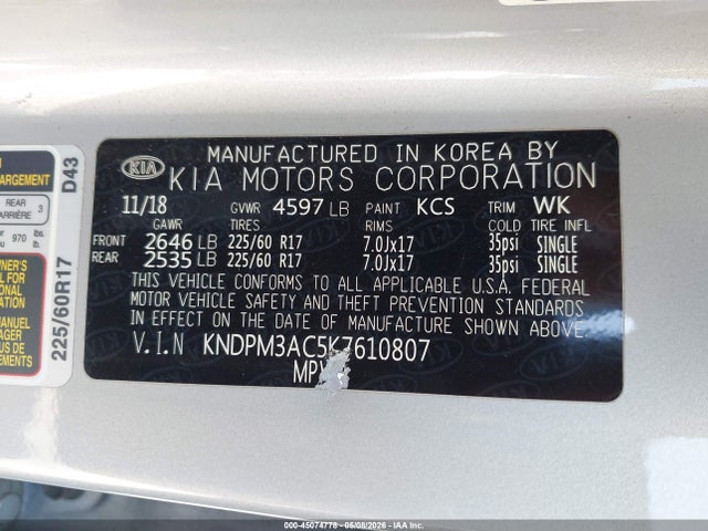 KNDPM3AC5K7610807 KIA Sportage Lx