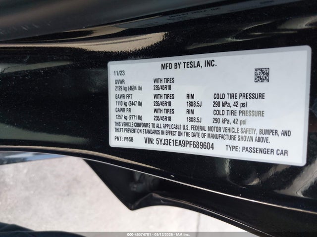 Aukcja sprzedaży 2023 Tesla Model 3 Rear-wheel Drive, vin: 5YJ3E1EA9PF689604, numer aukcji: 45074781
