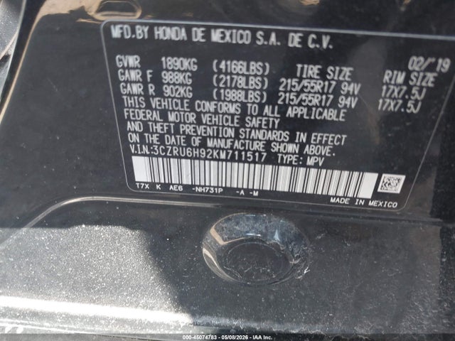 2019 Honda Hr-v Touring მანქანა იყიდება აუქციონზე, vin: 3CZRU6H92KM711517, აუქციონის ნომერი: 45074783