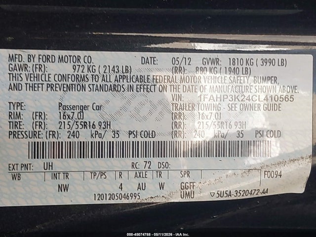 Aukcja sprzedaży 2012 Ford Focus Se, vin: 1FAHP3K24CL410565, numer aukcji: 45074788