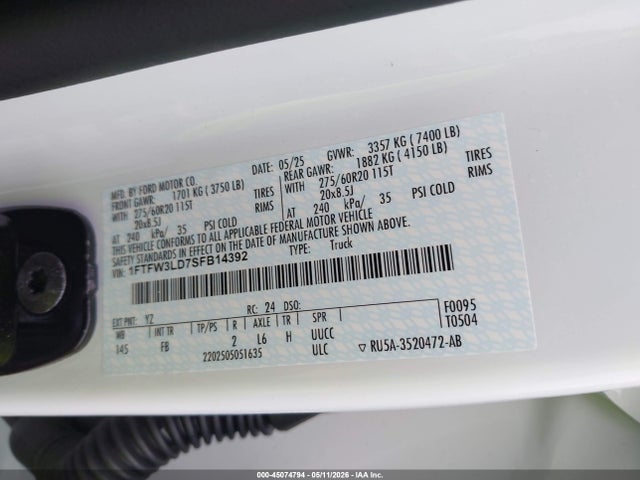 Продажа на аукционе авто 2025 Ford F-150 Xlt, vin: 1FTFW3LD7SFB14392, номер лота: 45074794