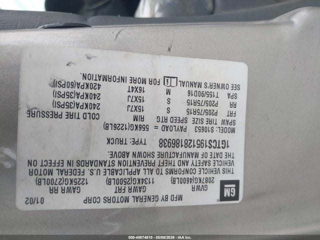 2002 Gmc Sonoma Sl მანქანა იყიდება აუქციონზე, vin: 1GTCS195128186938, აუქციონის ნომერი: 45074810