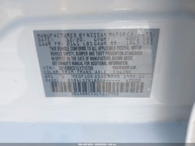 2020 Nissan Sentra Sv Xtronic Cvt მანქანა იყიდება აუქციონზე, vin: 3N1AB8CV1LY310708, აუქციონის ნომერი: 45074824