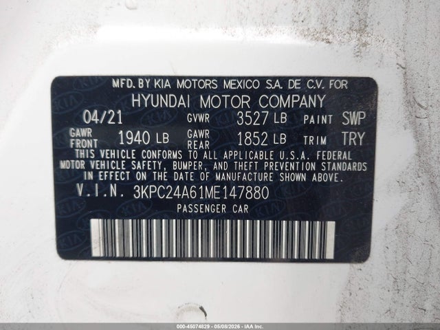 Продажа на аукционе авто 2021 Hyundai Accent Se, vin: 3KPC24A61ME147880, номер лота: 45074829