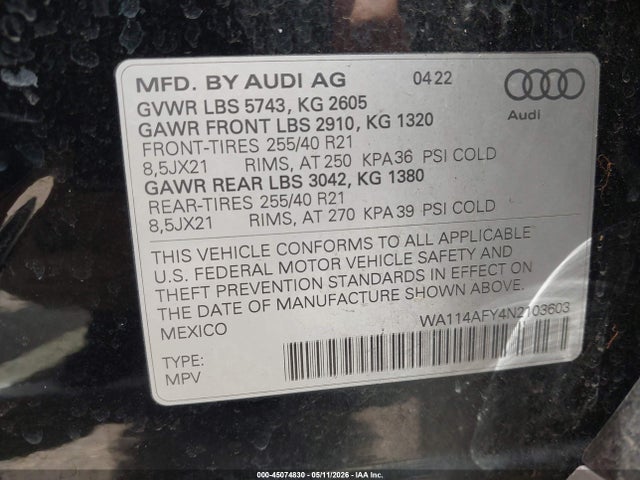 Продажа на аукционе авто 2022 Audi Sq5 Sportback Premium Tfsi Quattro Tiptronic, vin: WA114AFY4N2103603, номер лота: 45074830
