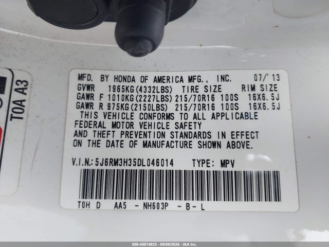 45074833 :رقم المزاد ، 5J6RM3H35DL046014 vin ، 2013 Honda Cr-v Lx مزاد بيع