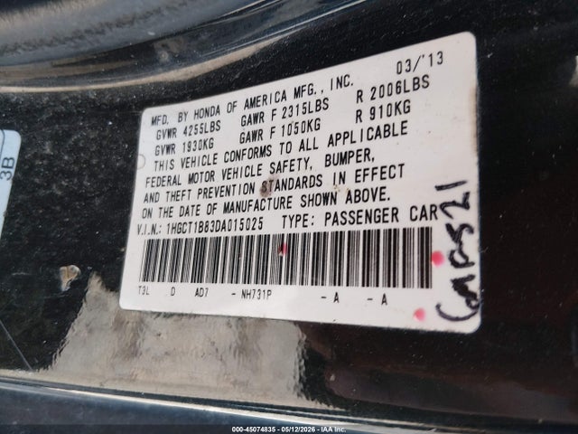 45074835 :رقم المزاد ، 1HGCT1B83DA015025 vin ، 2013 Honda Accord Ex-l مزاد بيع