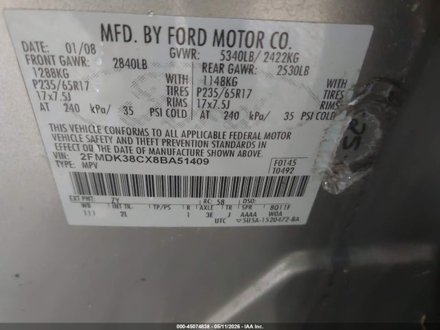 Продаж на аукціоні авто 2008 Ford Edge Sel, vin: 2FMDK38CX8BA51409, номер лоту: 45074838