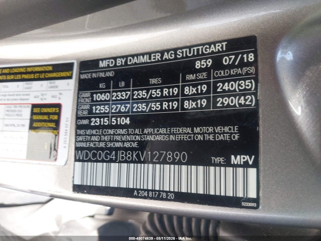 Aukcja sprzedaży 2019 Mercedes-benz Glc 300, vin: WDC0G4JB8KV127890, numer aukcji: 45074839