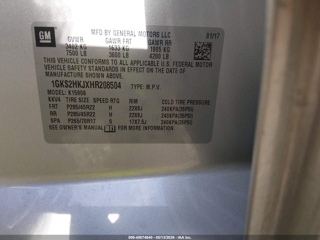 45074840 :رقم المزاد ، 1GKS2HKJXHR208504 vin ، 2017 Gmc Yukon Xl Denali مزاد بيع