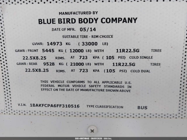 45074842 :رقم المزاد ، 1BAKFCPA6FF310516 vin ، 2015 Blue Bird School Bus / Transit Bus مزاد بيع