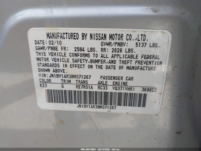 Aukcja sprzedaży 2011 Infiniti M37x, vin: JN1BY1AR3BM371267, numer aukcji: 45074863