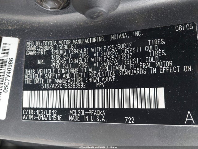 Aukcja sprzedaży 2005 Toyota Sienna Xle Limited, vin: 5TDZA22C15S383992, numer aukcji: 45074866