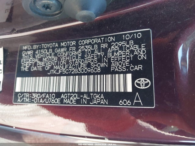 45074869 :رقم المزاد ، JTKJF5C72B3009608 vin ، 2011 Scion Tc مزاد بيع