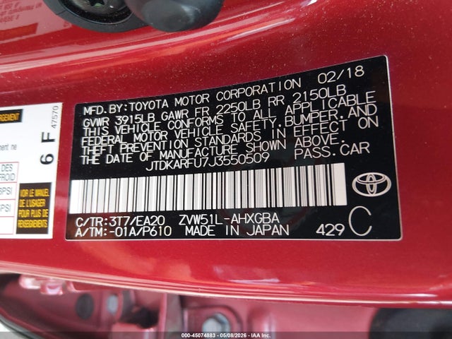 JTDKARFU7J3550509 Toyota Prius Four