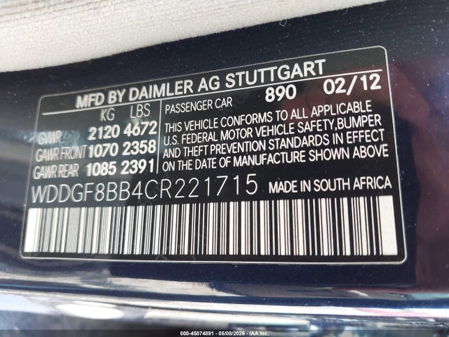 45074891 :رقم المزاد ، WDDGF8BB4CR221715 vin ، 2012 Mercedes-benz C 300 Sport 4matic مزاد بيع