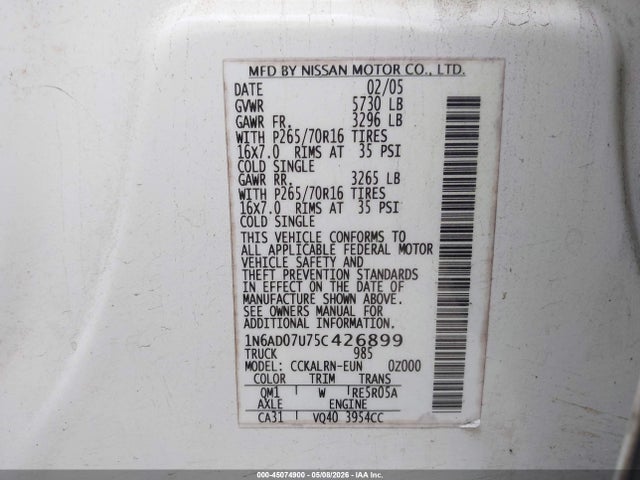 Продажа на аукционе авто 2005 Nissan Frontier Se, vin: 1N6AD07U75C426899, номер лота: 45074900