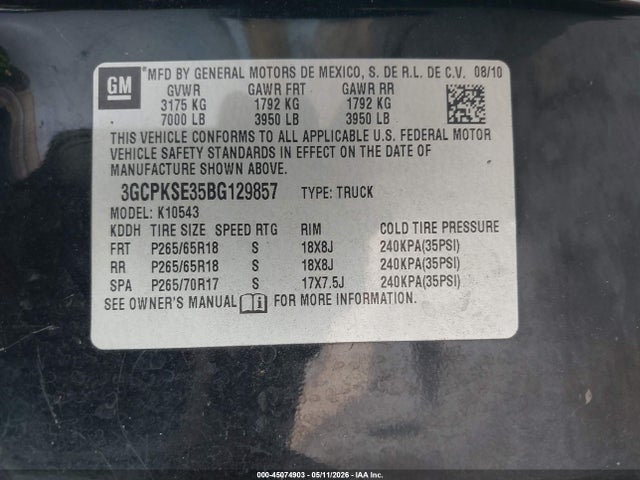2011 Chevrolet Silverado 1500 Lt მანქანა იყიდება აუქციონზე, vin: 3GCPKSE35BG129857, აუქციონის ნომერი: 45074903
