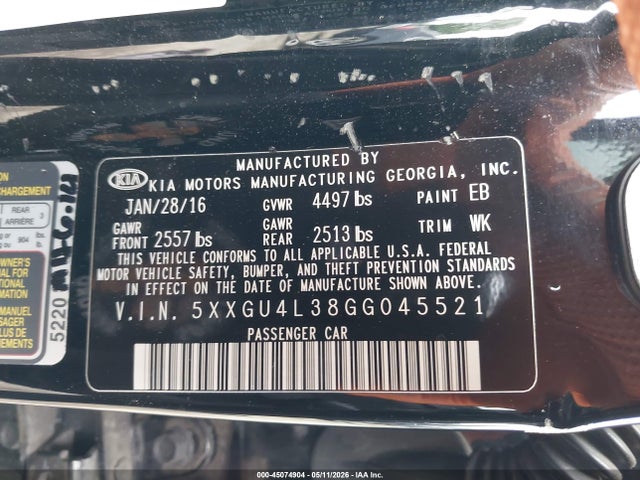 45074904 :رقم المزاد ، 5XXGU4L38GG045521 vin ، 2016 Kia Optima Ex مزاد بيع