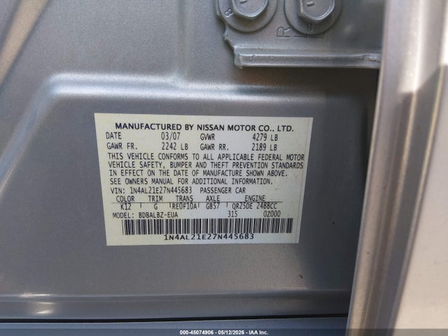 2007 Nissan Altima 2.5 S მანქანა იყიდება აუქციონზე, vin: 1N4AL21E27N445683, აუქციონის ნომერი: 45074906