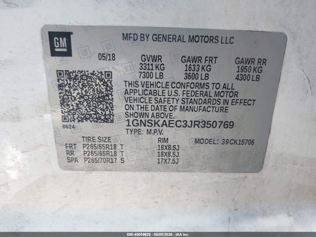 1GNSKAEC3JR350769 Chevrolet Tahoe Ls