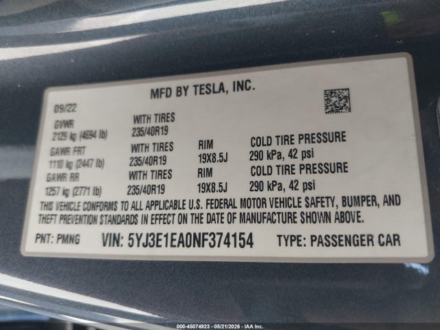 Aukcja sprzedaży 2022 Tesla Model 3 Rear-wheel Drive, vin: 5YJ3E1EA0NF374154, numer aukcji: 45074923