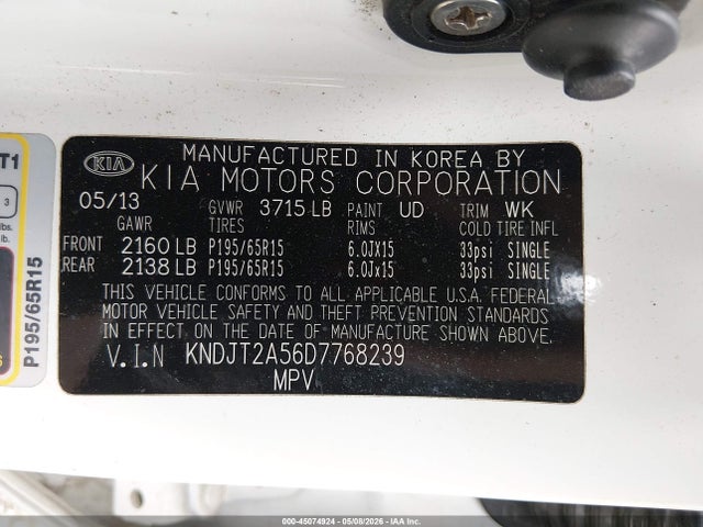 45074924 :رقم المزاد ، KNDJT2A56D7768239 vin ، 2013 Kia Soul مزاد بيع