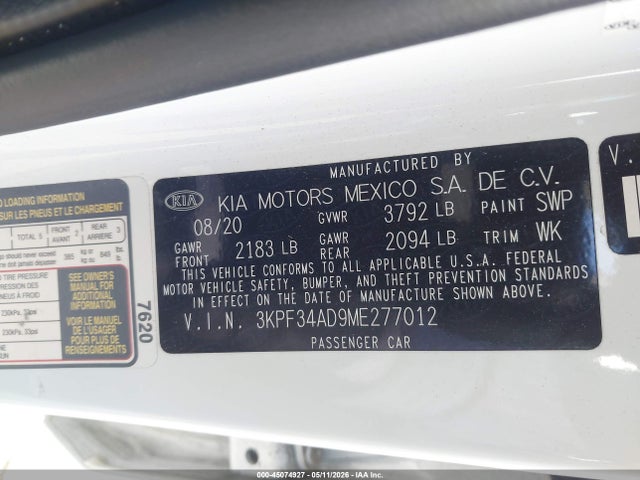 45074927 :رقم المزاد ، 3KPF34AD9ME277012 vin ، 2021 Kia Forte Gt-line مزاد بيع