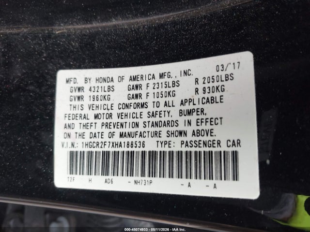 Продажа на аукционе авто 2017 Honda Accord Ex, vin: 1HGCR2F7XHA188536, номер лота: 45074933