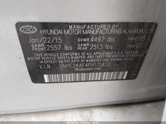 45074937 :رقم المزاد ، 5NPE24AF4FH171422 vin ، 2015 Hyundai Sonata Se مزاد بيع