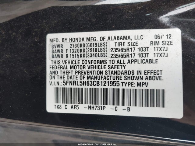 45074941 :رقم المزاد ، 5FNRL5H63CB121955 vin ، 2012 Honda Odyssey Ex-l مزاد بيع