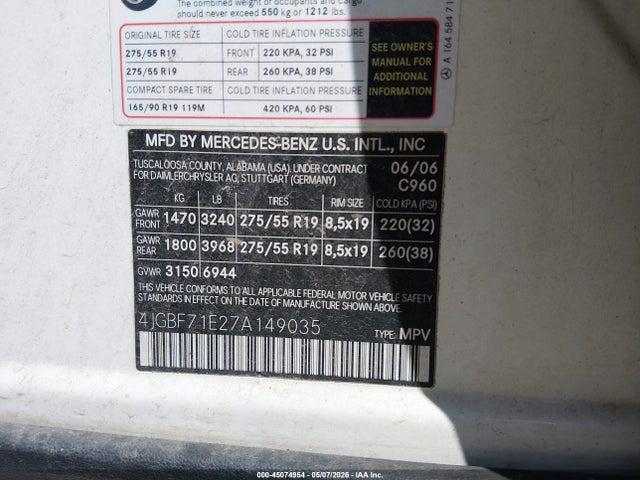 Aukcja sprzedaży 2007 Mercedes-benz Gl 450 4matic, vin: 4JGBF71E27A149035, numer aukcji: 45074954