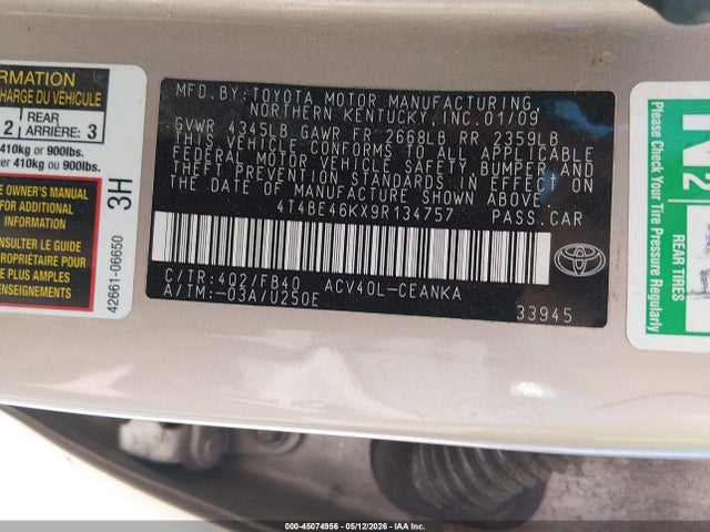 2009 Toyota Camry Le მანქანა იყიდება აუქციონზე, vin: 4T4BE46KX9R134757, აუქციონის ნომერი: 45074956