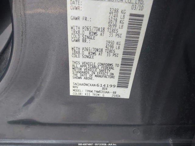 45074957 :رقم المزاد ، 5N1AA0NCXAN614199 vin ، 2010 Nissan Armada Se مزاد بيع