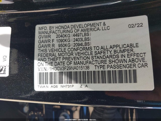 1HGCV3F29NA015138 Honda Accord Hybrid Sport