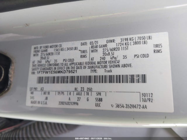 Aukcja sprzedaży 2021 Ford F-150 Xl, vin: 1FTFW1E56MKD79521, numer aukcji: 45074962