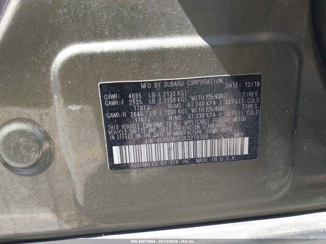 2019 Subaru Outback 2.5i Premium მანქანა იყიდება აუქციონზე, vin: 4S4BSAHC3K3279366, აუქციონის ნომერი: 45074964