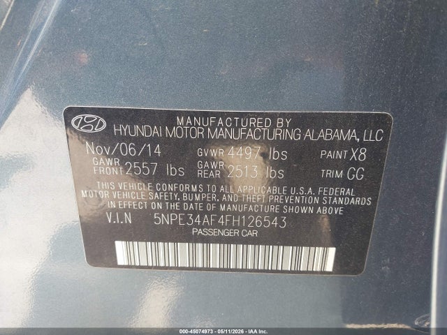 2015 Hyundai Sonata Sport მანქანა იყიდება აუქციონზე, vin: 5NPE34AF4FH126543, აუქციონის ნომერი: 45074973