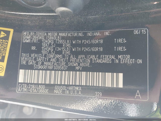 Продаж на аукціоні авто 2015 Toyota Highlander Xle V6, vin: 5TDKKRFH8FS095837, номер лоту: 45074974