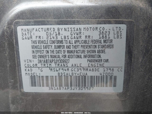 45074992 :رقم المزاد ، 3N1AB7AP3JY309927 vin ، 2018 Nissan Sentra S مزاد بيع