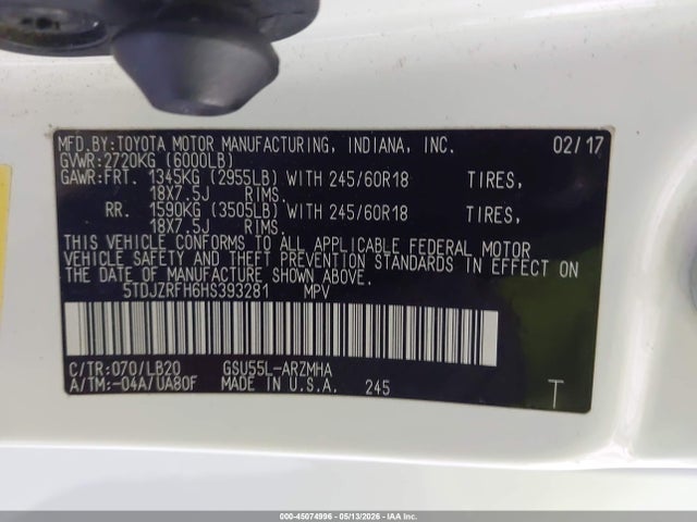 Продажа на аукционе авто 2017 Toyota Highlander Xle, vin: 5TDJZRFH6HS393281, номер лота: 45074996
