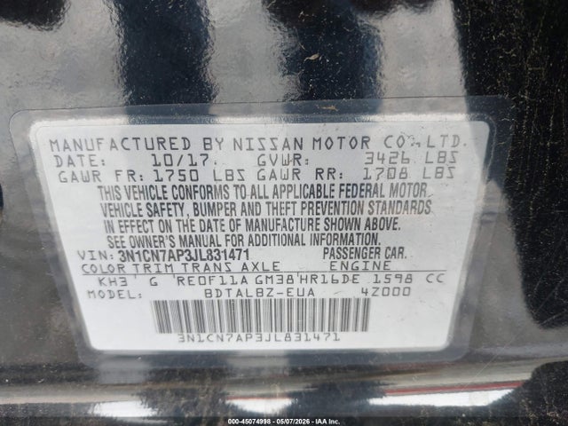 2018 Nissan Versa 1.6 Sv მანქანა იყიდება აუქციონზე, vin: 3N1CN7AP3JL831471, აუქციონის ნომერი: 45074998