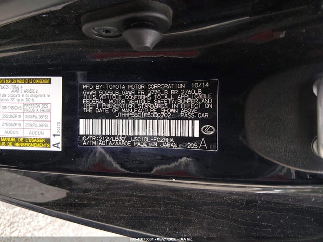45075001 :رقم المزاد ، JTHHP5BC1F5000702 vin ، 2015 Lexus Rc-f مزاد بيع