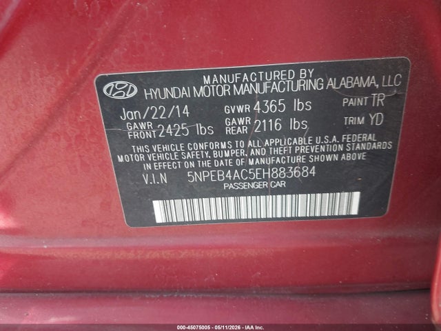 Продаж на аукціоні авто 2014 Hyundai Sonata Gls, vin: 5NPEB4AC5EH883684, номер лоту: 45075005
