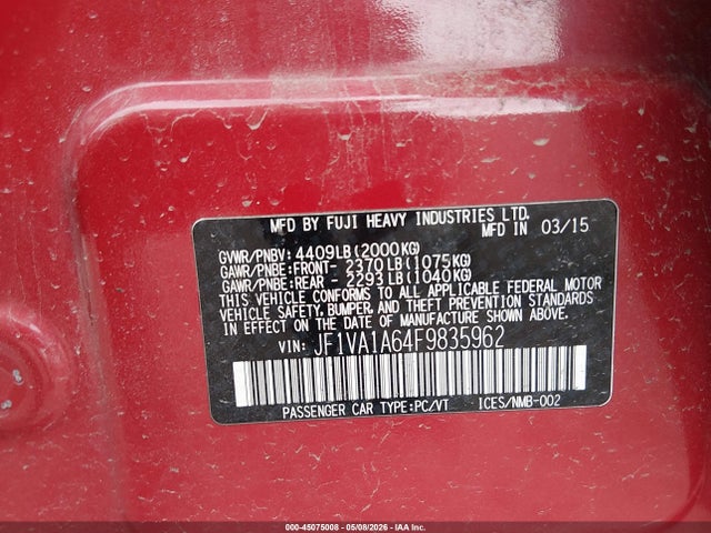 Aukcja sprzedaży 2015 Subaru Wrx, vin: JF1VA1A64F9835962, numer aukcji: 45075008