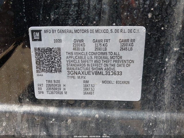 45075009 :رقم المزاد ، 3GNAXUEV8ML313633 vin ، 2021 Chevrolet Equinox Awd Lt مزاد بيع